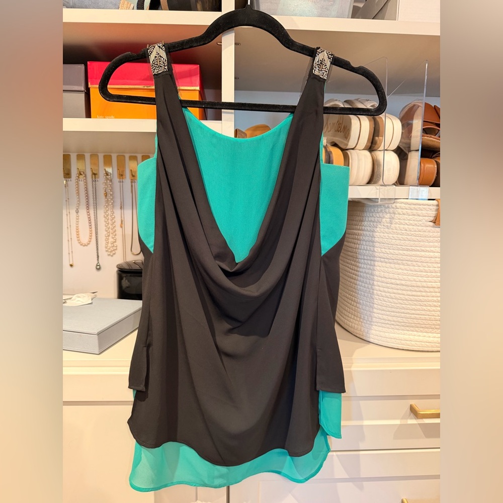 BCBGMaxAzria Black and Teal Draped Camisole Low Back